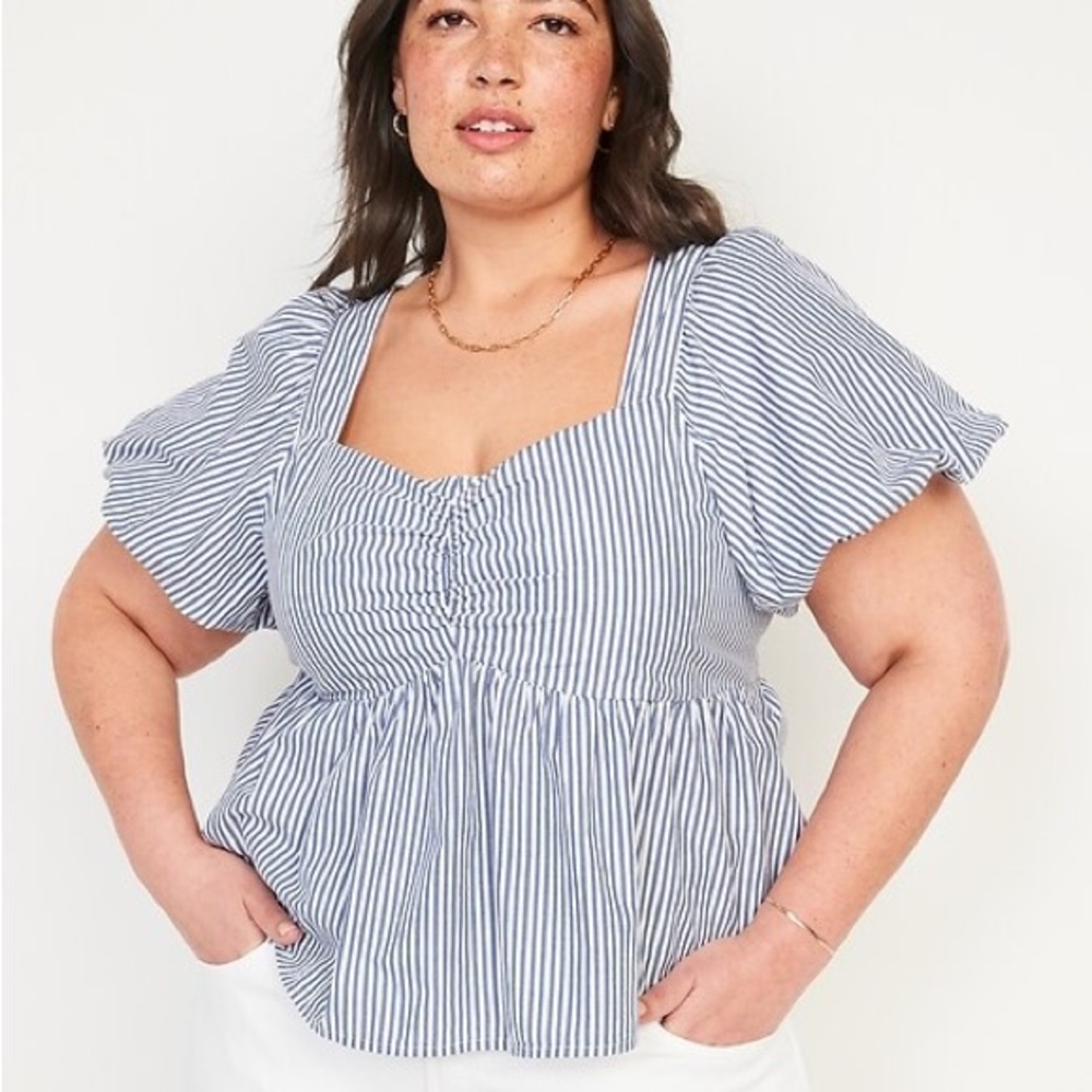 Plus Sized Puff-Sleeve Striped Ruched Smocked Babydoll Swing Blouse